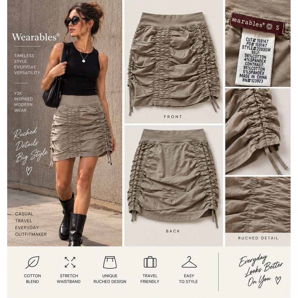 Wearables Skirt Womens Small Taupe Ruched Stretch Y2K Asymmetrical Midi 20895W